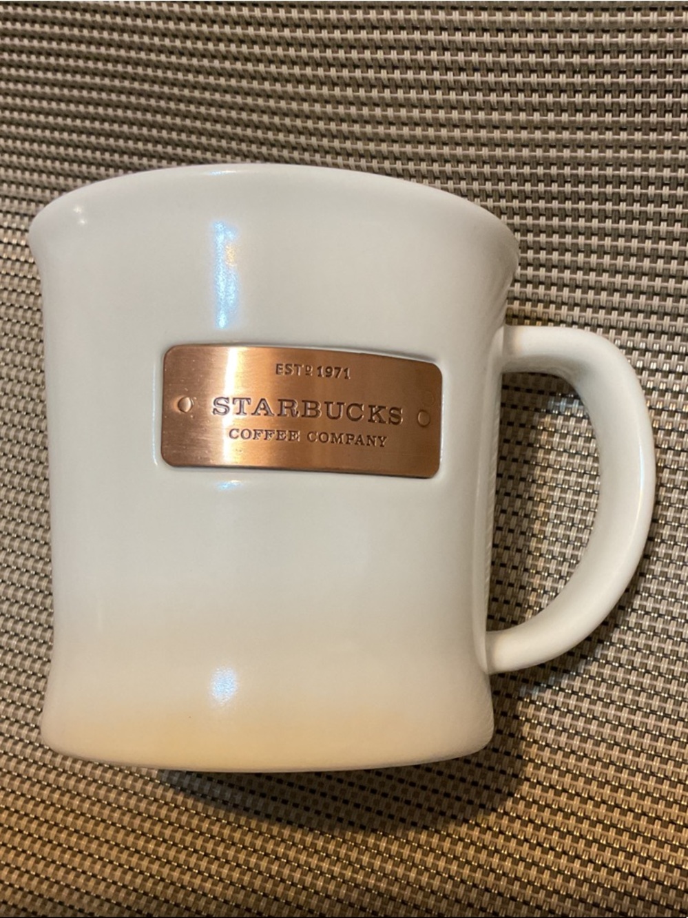 Starbucks White Mug with Copper Plaque